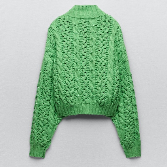 Zara green oversized cable-knit chunky sweater with pearls NWT - Picture 9 of 9